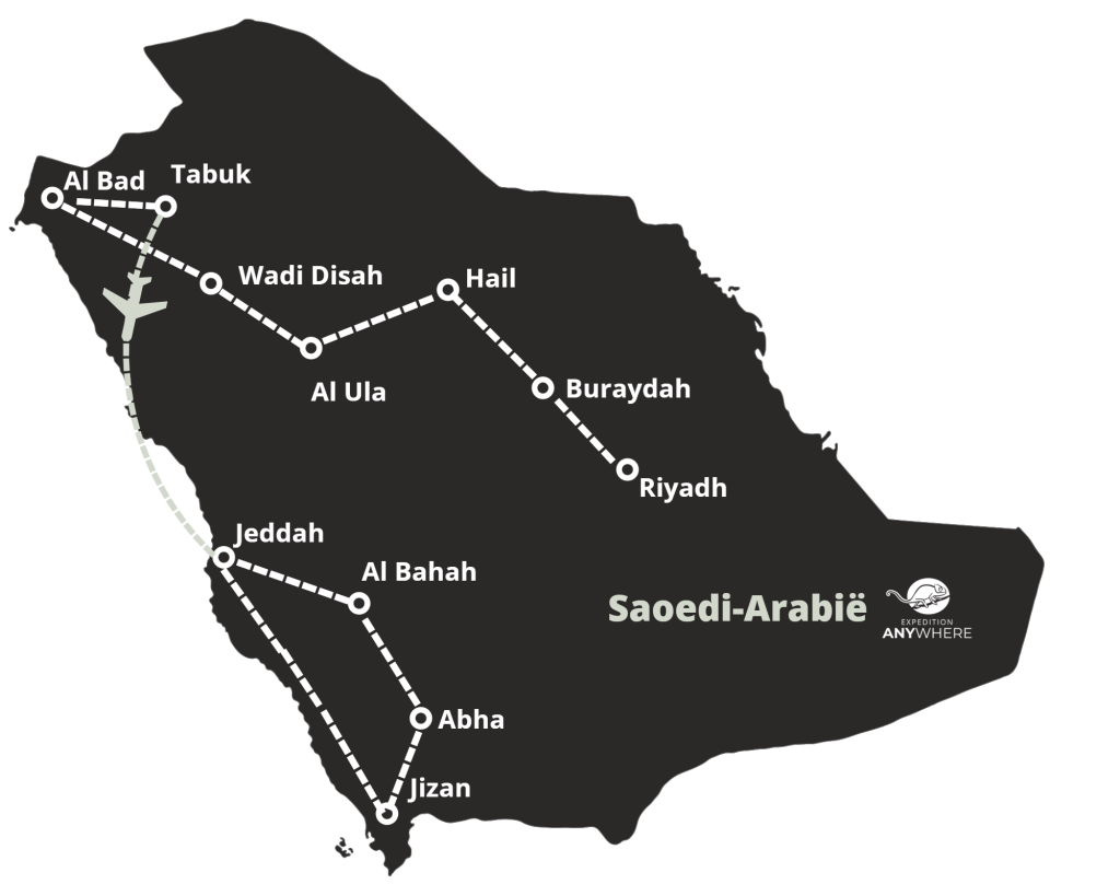 De reisroute van onze rondreis door Saoedi-Arabië met de auto