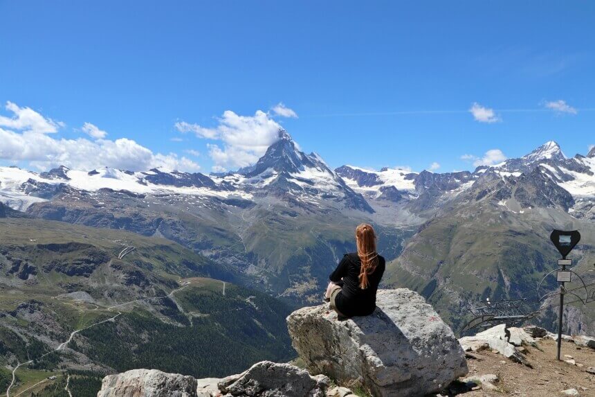 Vanaf Rothorn heb je het bekende ansichtkaartuitzicht op de Matterhorn