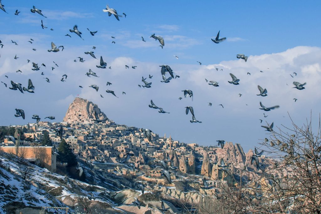 De duiven fladderen je in Pigeon Valley Cappadocië om de oren