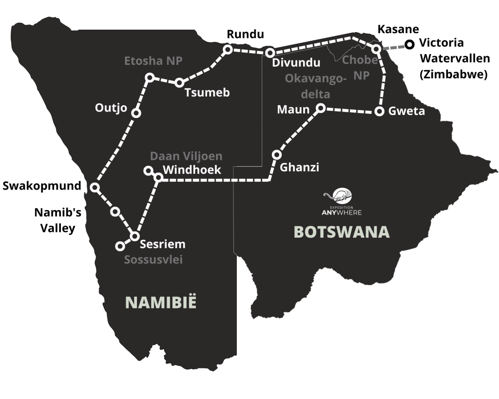 Kaart Namibie Botswana rondreis